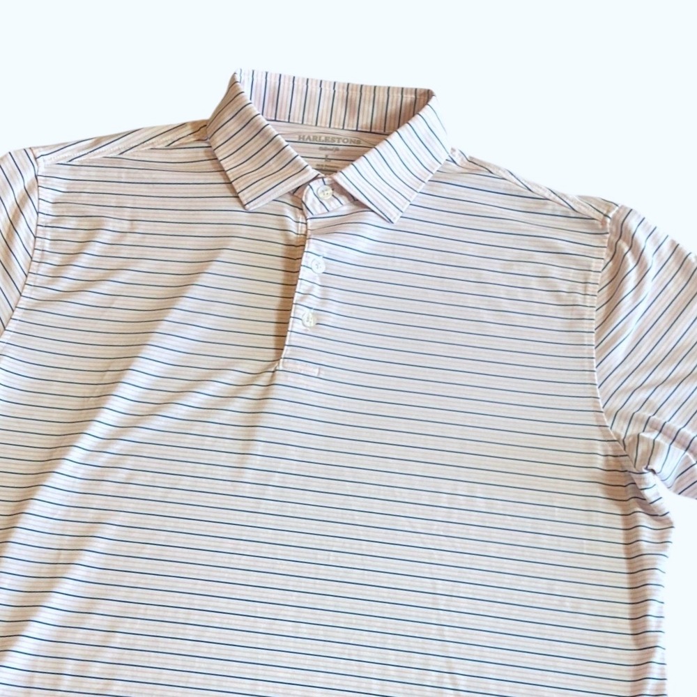 Harlestons Mens L Golf Polo Tailored Fit Performance Striped Blue Pink Stretch